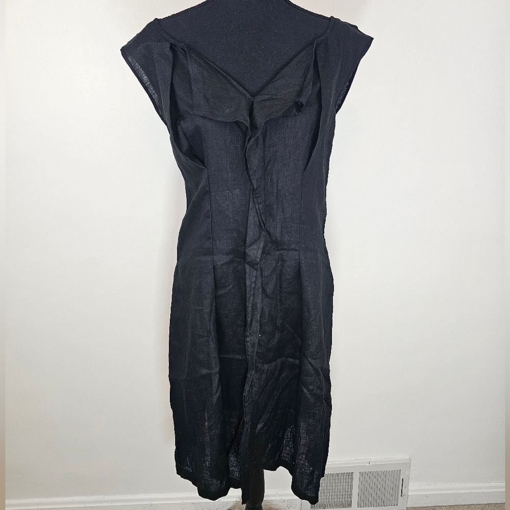 Ark Co Linen Blend Black Ruffled Pleated V Neck Midi Side Zip Dress